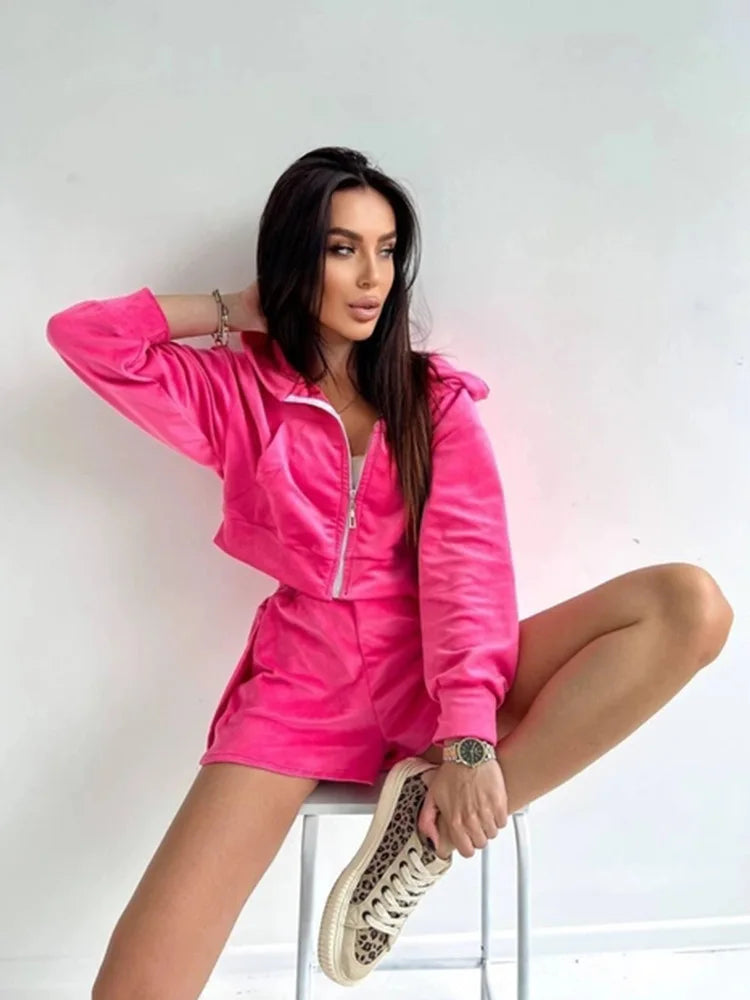 2025 Casual Women's Wear, Zipper Cardigan Long Sleeve Drawstring and Shorts Set, Hoodie Fashion Split Shorts Two-Piece Set