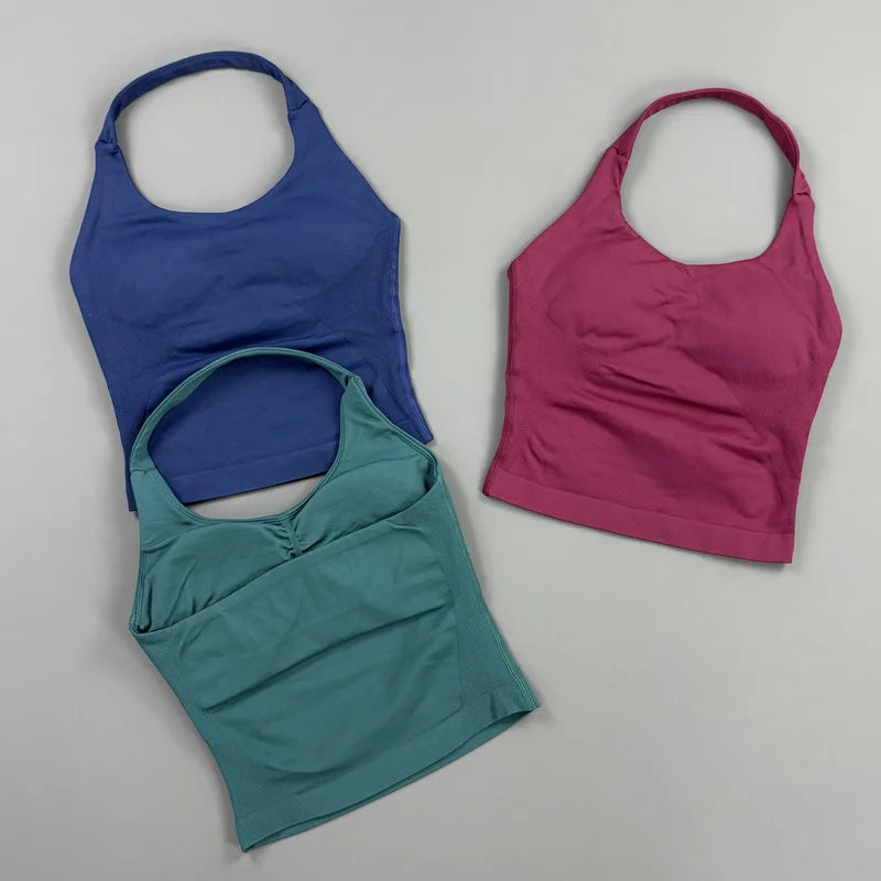 HISTELLO Impact Halter Top Women Gym Clothing Backless Seamless Sports Yoga Vest Running Fitness Workout Sleeveless Tank Top