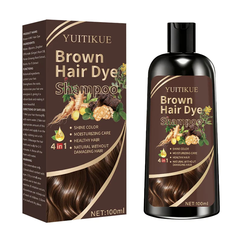 YUITIKUE Brown Hair Dye Shampoo 100ml - 4-in-1 Plant Formula, Covers Gray Hair with Natural Color, Easy & No Damage