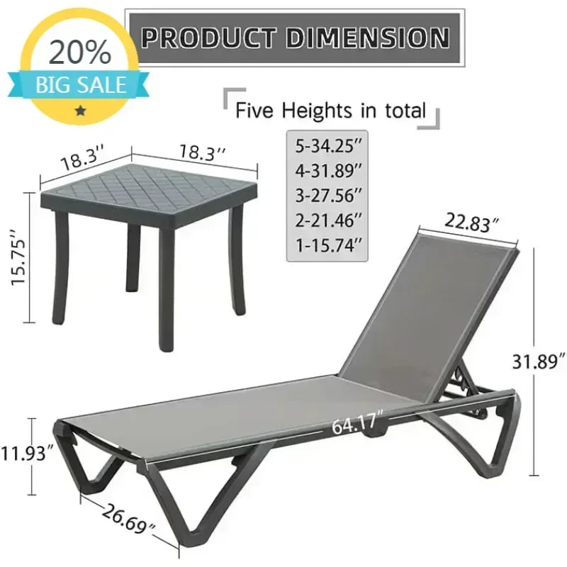 BestsellerBestseller[XMSJ]Aluminum Patio Chaise Lounge with Side Table, 5 Position Adjustable Backrest and Wheels, All Weather O