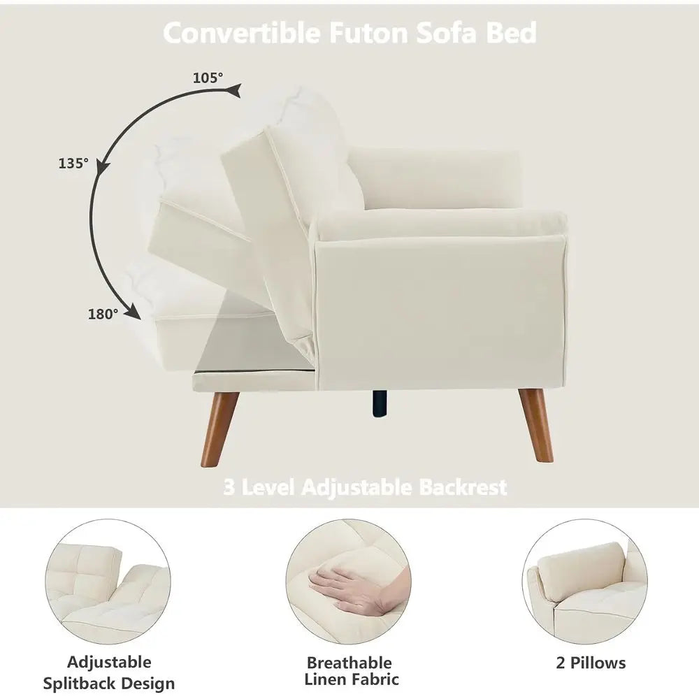 Twin Size Convertible Sofa Bed with Pillow Top Arms and Reclining Linen Split Back for Compact Living Spaces