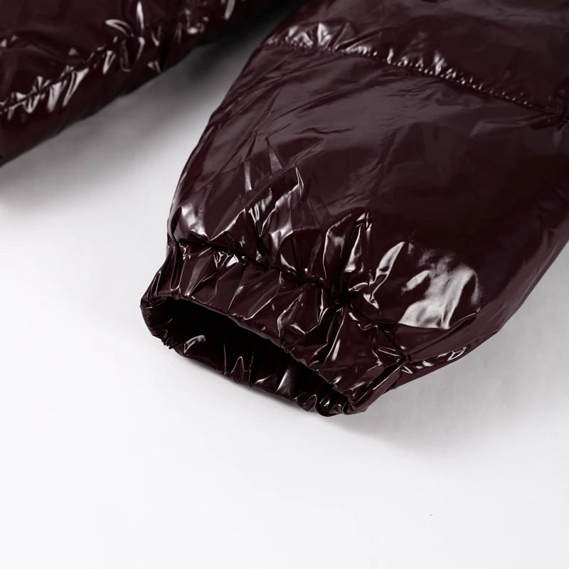 High Street Women's Glossy Zipper Hooded Coats Warm Elastic Waist Pleated Short Cotton Female Jacket 2026 Winter New Lady Outfit