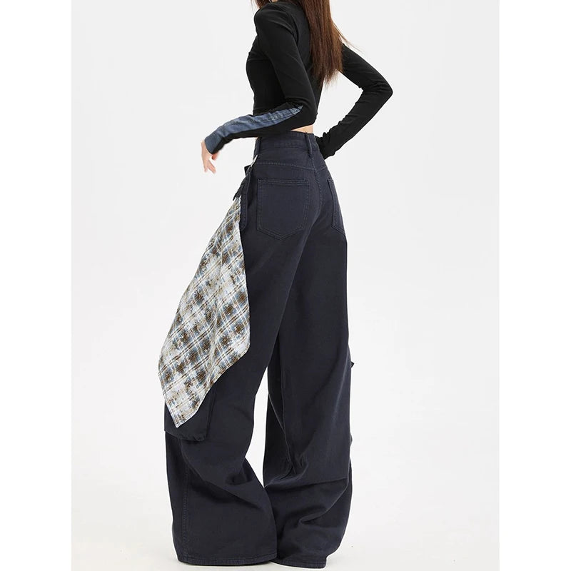 ZHIZOU Women Black Baggy Y2k Cargo Jeans Japanese 2000s Style High Waist Jean Pants Vintage Harajuku Oversize Denim Trousers
