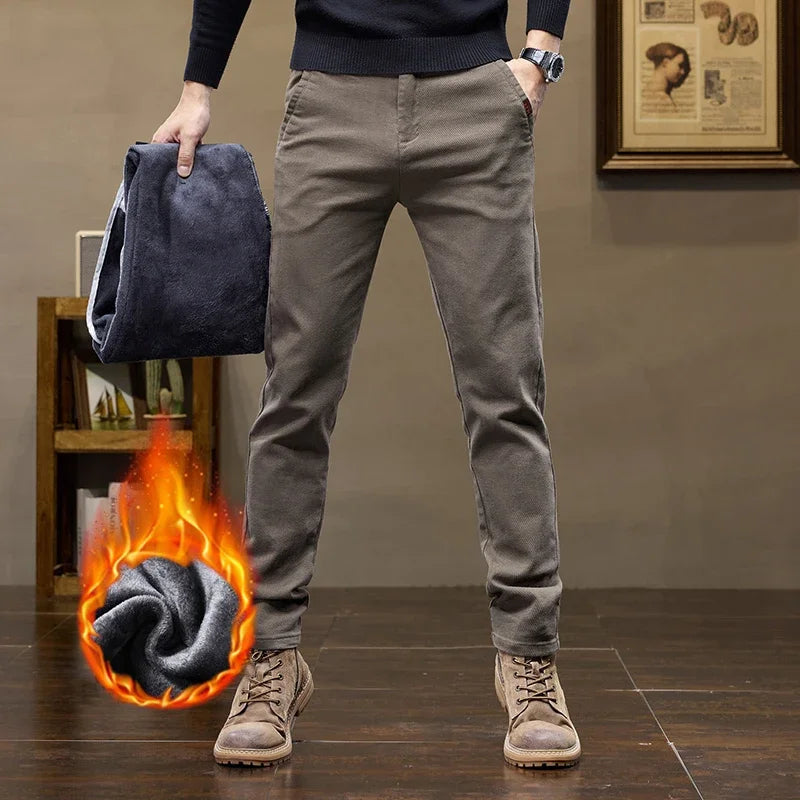 Korean Fashion Fleece Men's Casual Pants Slim Straight Youth Warm Trousers Thickened Thermal Stretch Male Clothes Trendy Brand