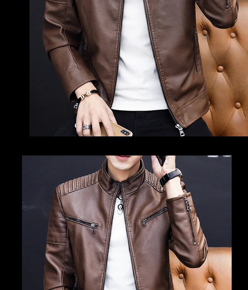 Winter Stand Collar Zip-Up Pocket PU Leather Jacket Men's Slim Business Casual