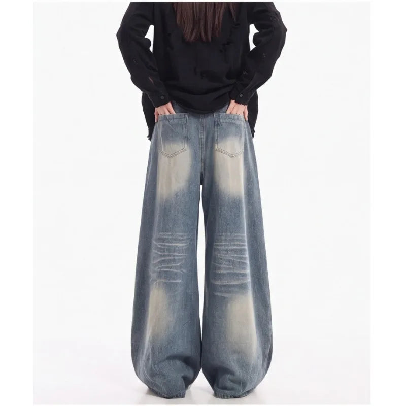 Women Summer Autumn Ripped Wide Leg Floor Length Jeans American Vintage Loose Slim Fit Design Casual Long Denim Trousers