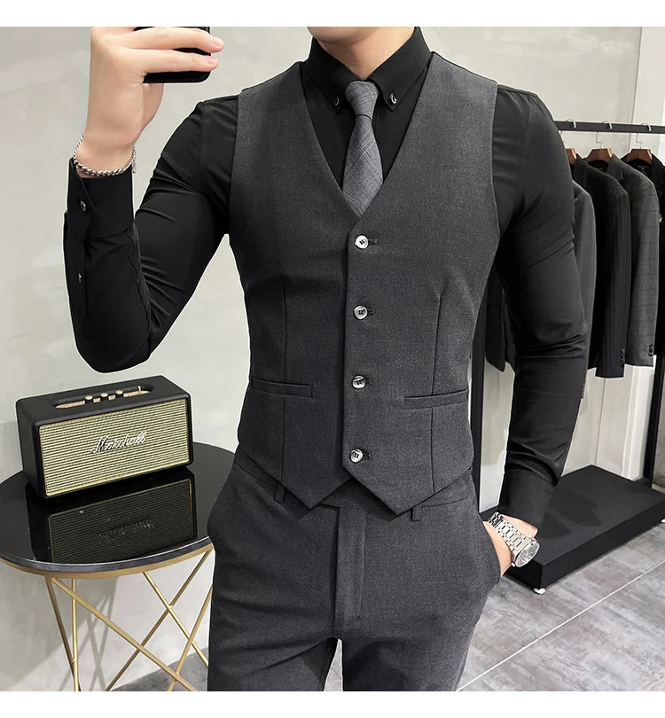 Blazer Vest Pants Men's Navy Blue Suit Set Slim Fit Blazer Vest Pants Formal Outfit for Business Wedding Office Groom Party
