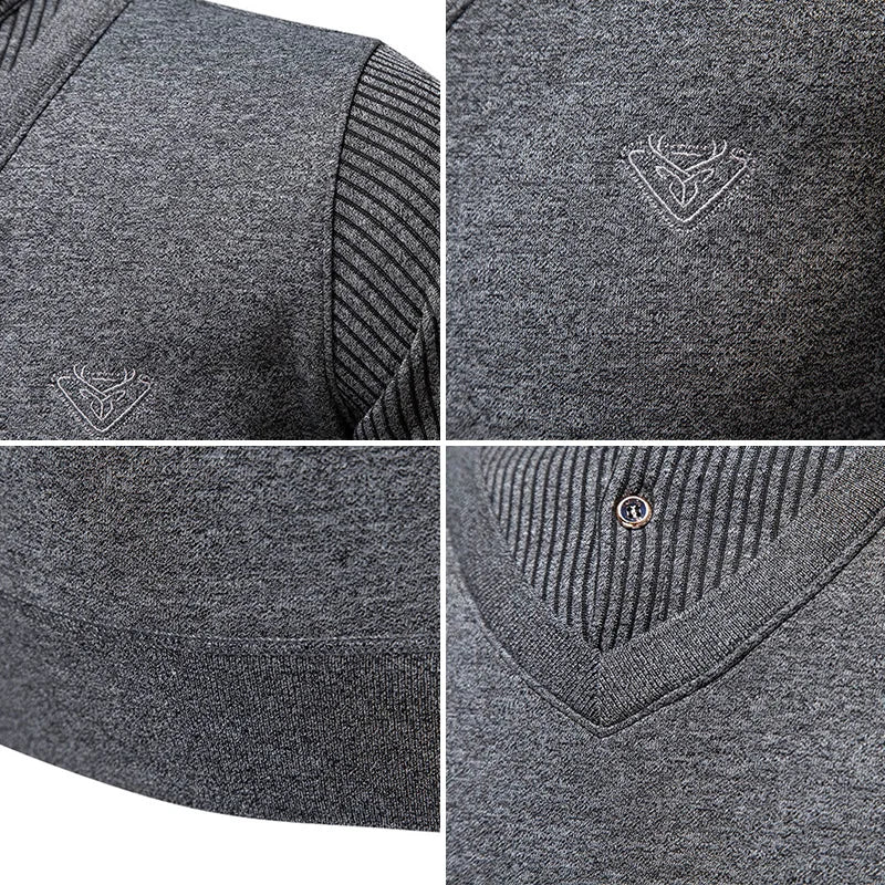 Autumn and Winter New Men's Fake Two Piece Sweater with Fleece and Slim Fit Polo Collar Knitted Bottom Shirt Thickened and Warm