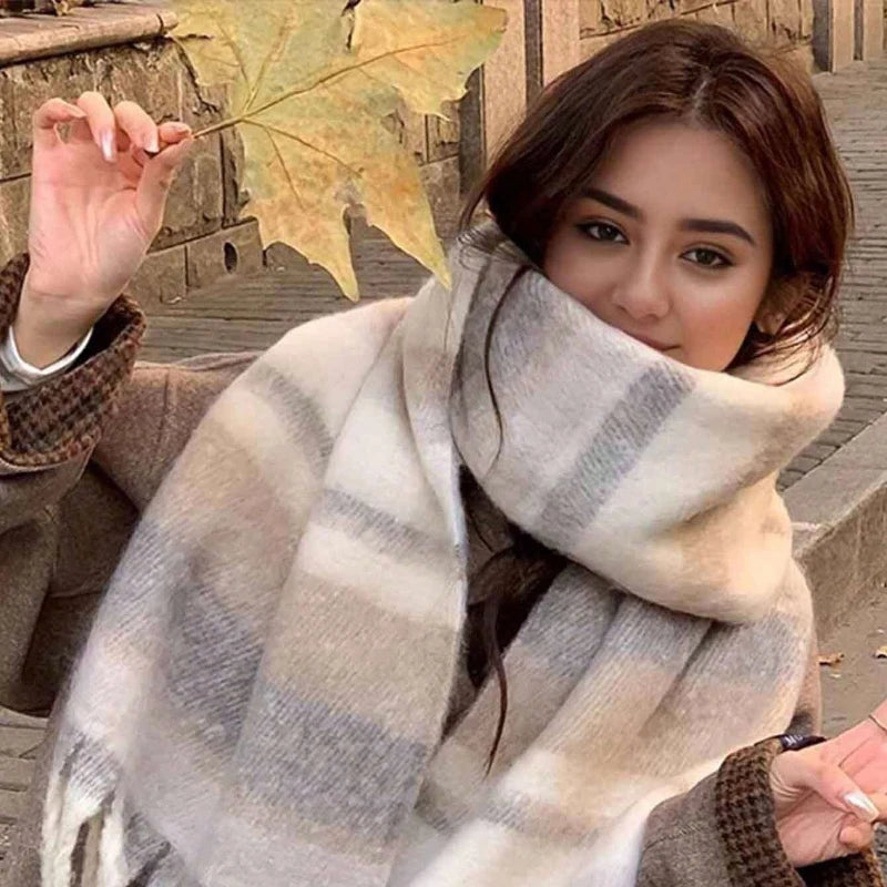 Maillard Womens Reversible Scarf Plaid  Windproof Insulation,personality,Winter Shawl Wrap Oversized Tartan Stripe Fringe Scarve