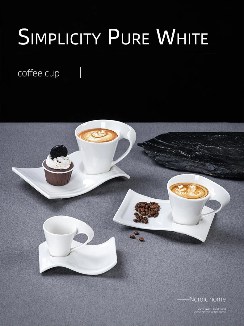 European Ceramic CoffeeCups Set with Wave Shape Plate 80 100 180 and 280ml Modern Minimalist White Cappuccino Latte Dessert Dish