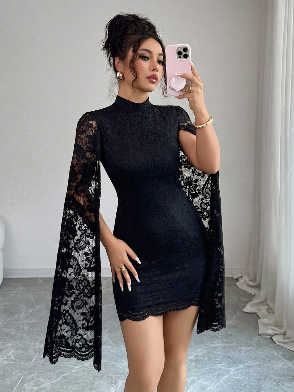 Fairyshely Lace Slit Long Sleeve Dress Ladies 2026 Sexy Black Bodycon Short Dress Women Elegant Party Tight Dresses Clubwear