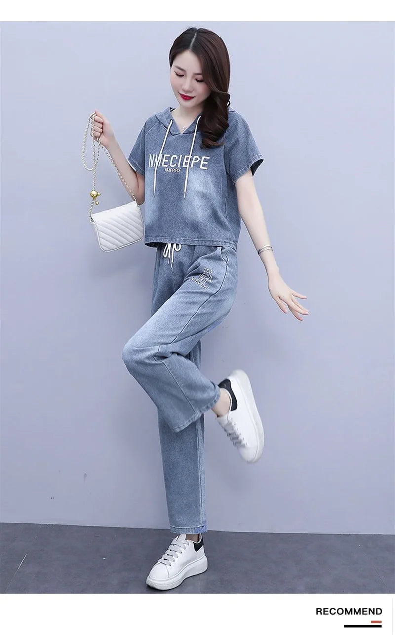 Summer Thin Jeans Set Women Fashion Short Sleeve Hooded Pullover Tops + Elastic Waist Wide Leg Pants 2PCS Female Denim Outfit