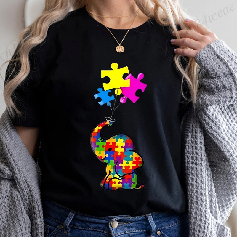 Elephant Autism Awareness Puzzle Adults Kids T-Shirt Fashion Acceptance Neurodiversity Shirt Summer Short Sleeve Tees