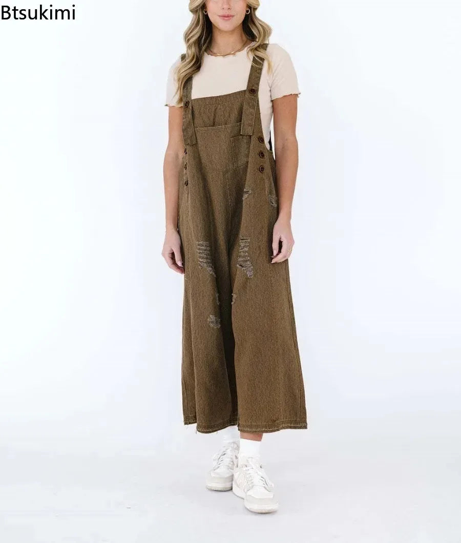 2026 Summer Women's Casual Loose Straps Jeans Vintage Hole Baggy Denim Pants Women Jumpsuit Harem Trousers with Pockets Overalls