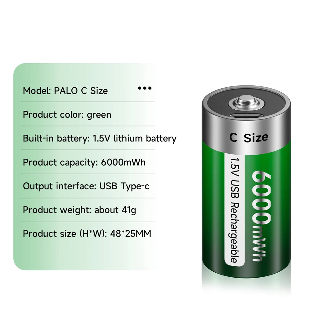 Palo 1.5V Lithium Rechargeable Battery R14 LR14 USB Charging  C Size Li-ion Battery For Water Heater Gas Stove Radio Shaver