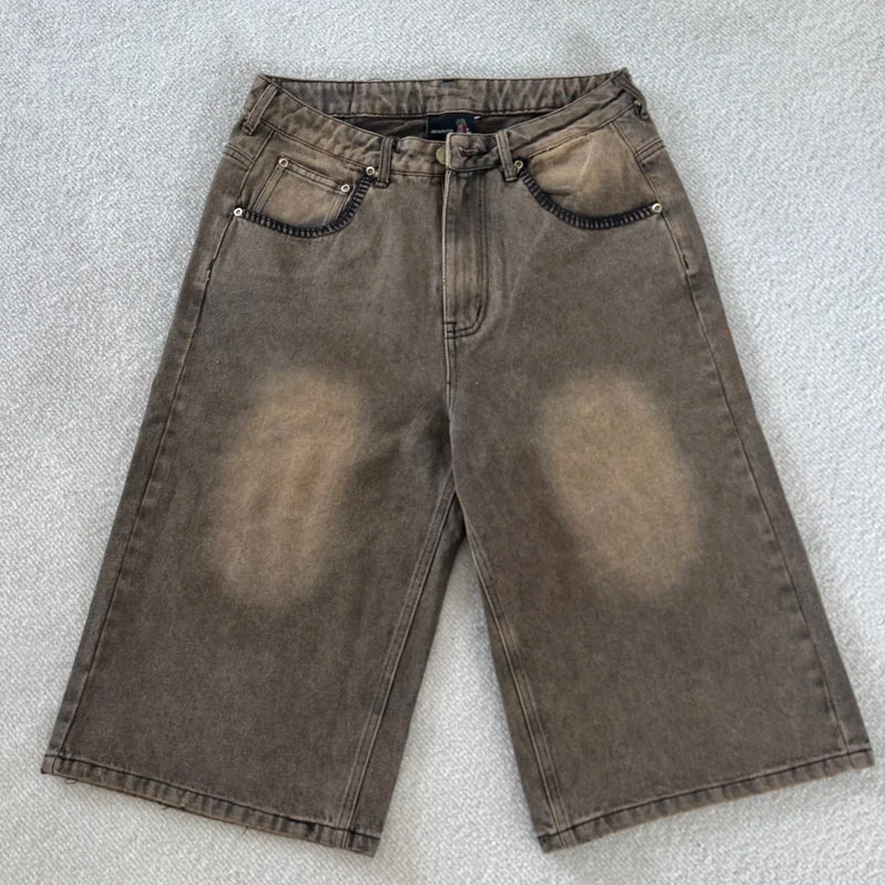 New High Quality American Retro Derchutze Denim Shorts Embroidered Patterns Men's Straight Leg Pants Stock