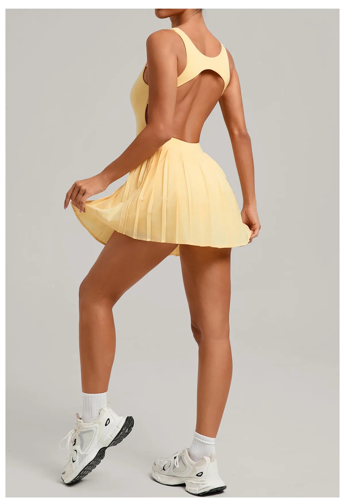 Backless Sports Tennis Golf Dress Mini Workout Pleated Skirts with Shorts Yoga Suit Peadded Gym Jumpsuit Fitness Set Activewear