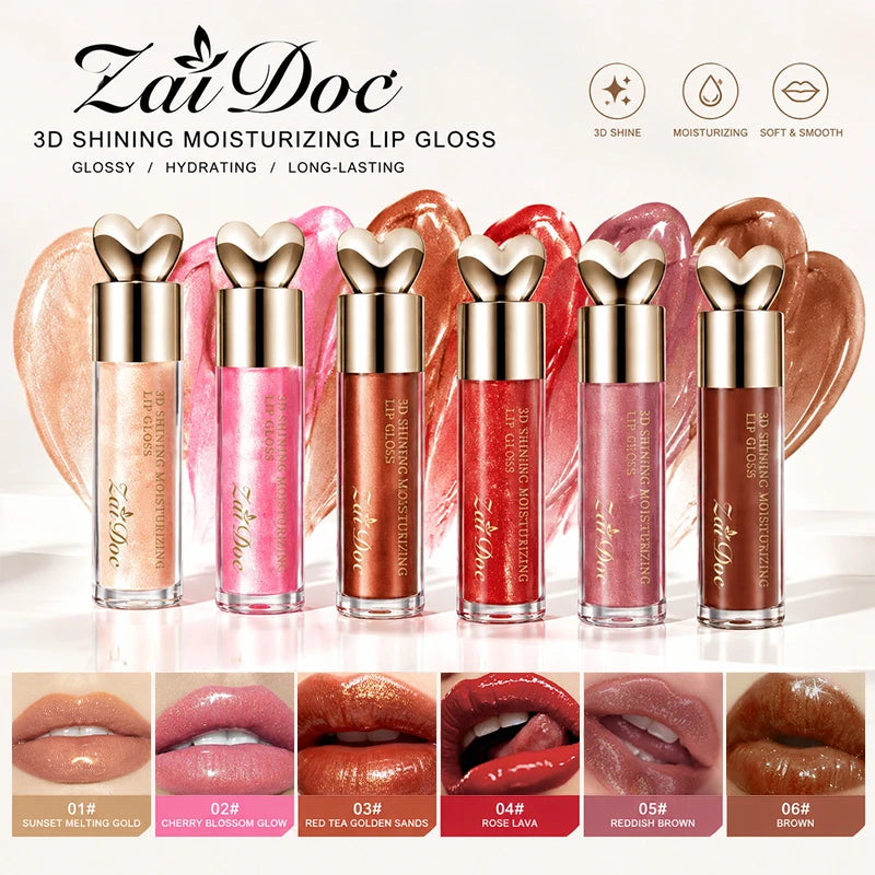 ZaiDoc Muti-Pcs 3D Plumping Shimmer Lip Gloss 6 Colors Moisturizing Glossy Finish Optional Hydrating Lip Oil Glaze Long Lasting Non-Sticky Liquid Lipstick for Girls Daily Makeup Cosmetics