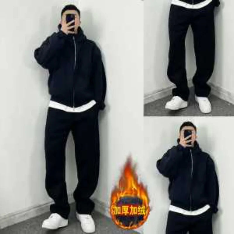 Casual Sports Suit Men's Velvet Thickened Loose Hooded Jacket Sweatshirt Sweatpants Two-piece Set