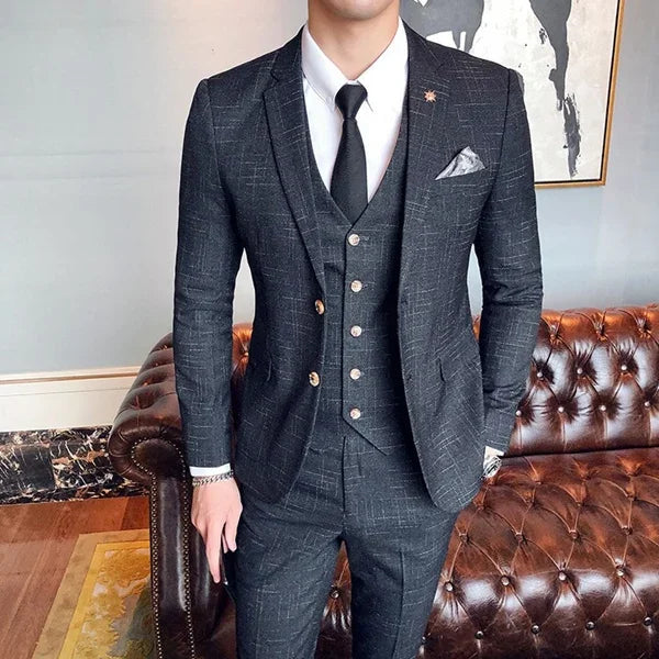 S-7XL ( Blazer + Vest + Pants ) Striped Plaid Solid Color Mens Formal Business Suit 3Pcs Set Groom Wedding Social Show Dress