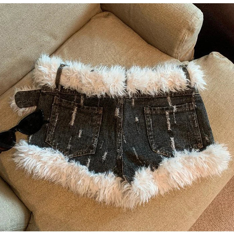 Belt Furry Denim Shorts Women 2024 New Fashion Loose Casual Pocket Sexy Shorts Denim Shorts Female Short Pants Zipper Jeans