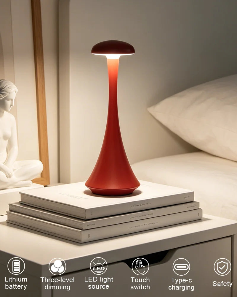 GGbingo Mushroom Table Lamp Rechargeable Wireless Touch Lamp Creative Desk Lamp USB-C Desk Lamp Bedroom Atmosphere Light