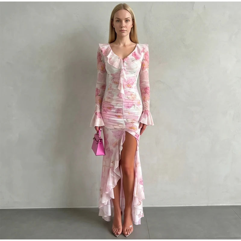 Women Pink Floral Print Maxi Dress Elegant V Neck Ruffle Trim Flare Sleeve Ruched High Chiffon Dresses 2026 Lady Party Vestido