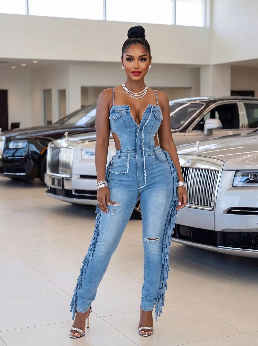 Streetwear Tassel Jeans Stretch Jumpsuit Sexy Women Spaghetti Strap Elegant Hollow Out Denim Pencil Overalls Romper