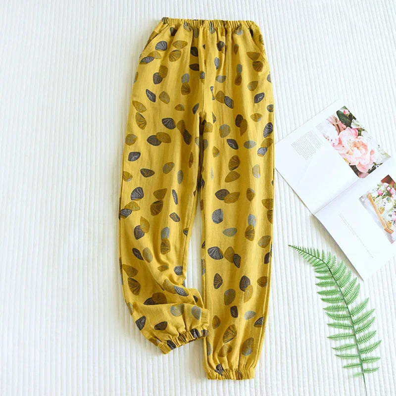 2026 New Spring Summer Women's Pajamas 100% Cotton Crepe Pants Women's Comfortable Loose Large Leaf Home Pants Thin bottoms
