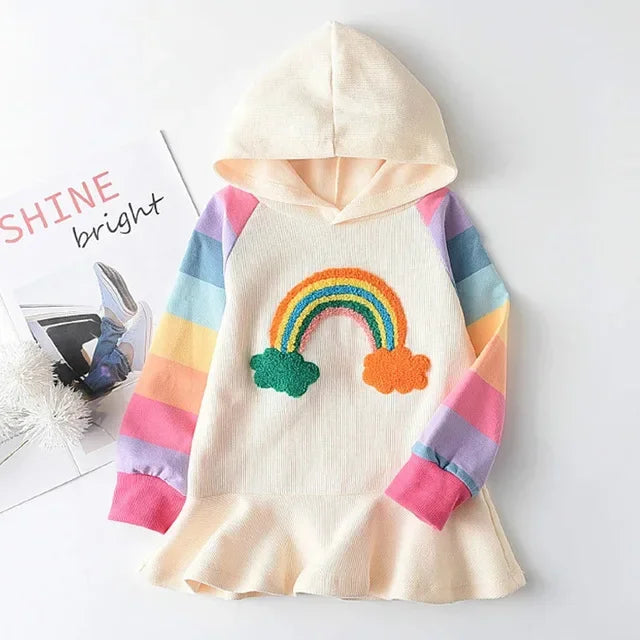 Bear Leader Autumn New Rainbow Printed Long Sleeve Hooded Dress Fashion Casual Sports Girls' Clothing Color Blocked Girls Dress