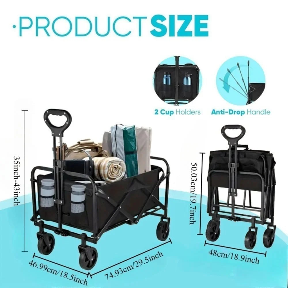 29.5' Heavy Duty Portable Foldable Trolley with All-Terrain Wheels Black for Beach Lawn Sports Camping - Durable Travel Cart
