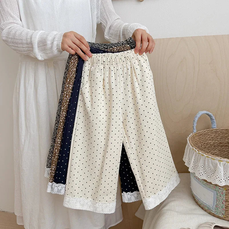 Korean Style Baby Girls Polka Dot Wide Leg Pants Lace Hem Loose Trousers Toddler Kids Elastic Waist Casual Fashion Pants