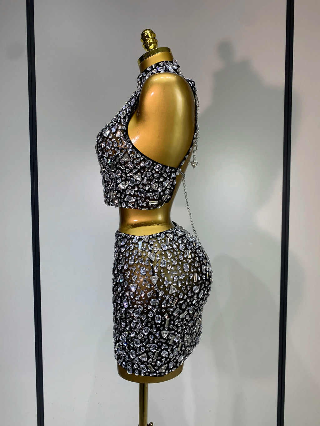 High Quality Sparkling Rhinestone Sexy See Through Blackless Top Skirt Two Pieces Set Woman Luxury Birthday Evening Party Gowns