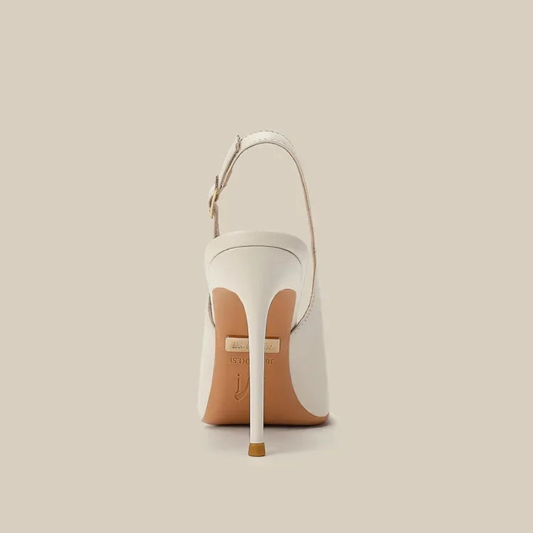 2026 New Slim Heel Flat Buckle Toe Back Empty Sandals with Pointed Soft Leather Toe Strap for Women's Commuting Single Shoes