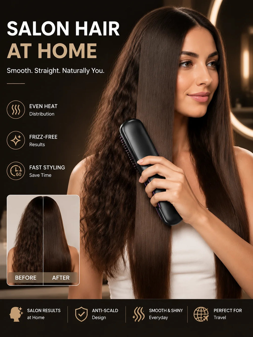 Portable Hair Straightener Brush USB Charging Cordless Hot Comb Ceramic Coating Ionic Anti Frizz Styling Tool