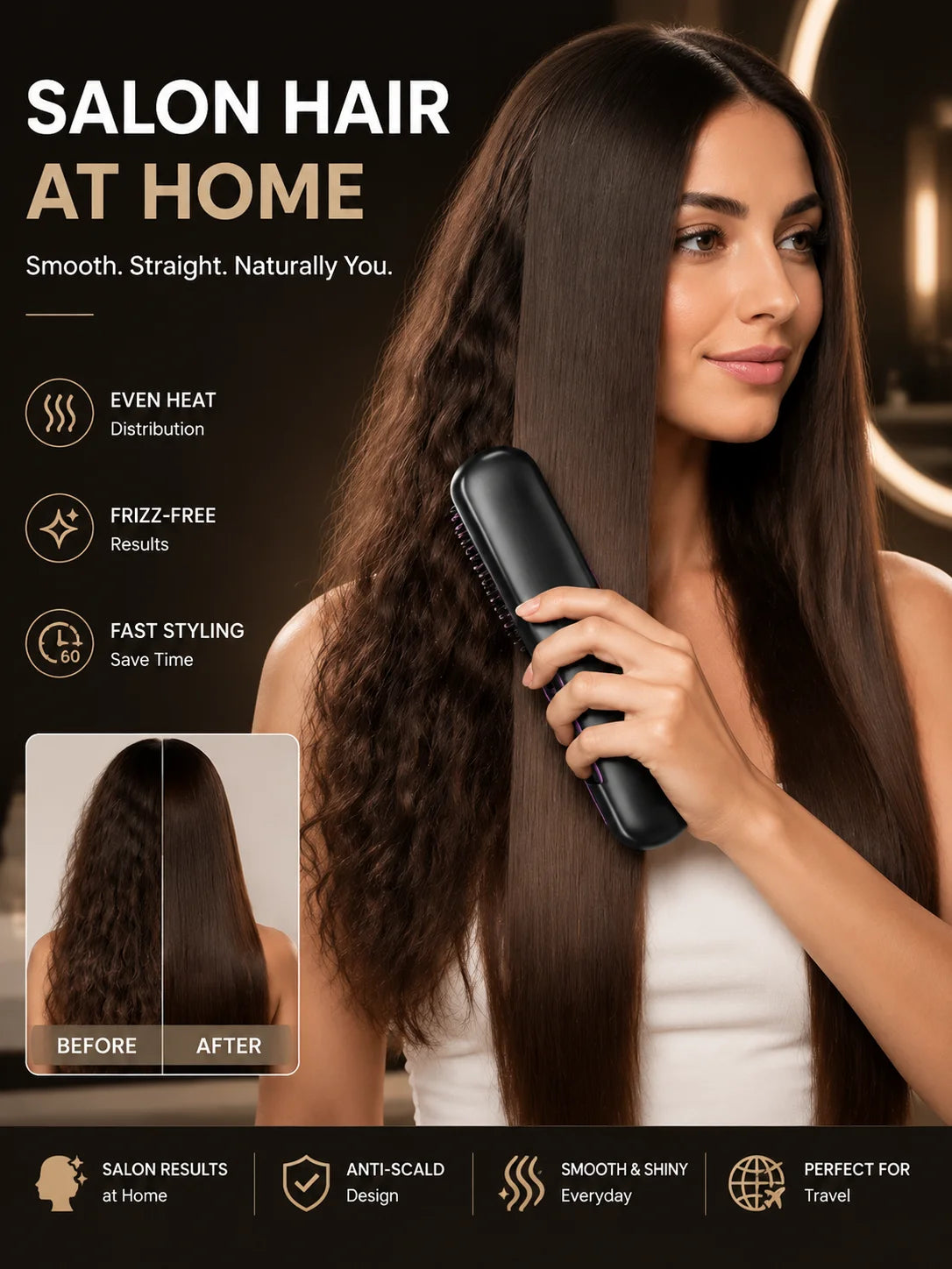 Portable Hair Straightener Brush USB Charging Cordless Hot Comb Ceramic Coating Ionic Anti Frizz Styling Tool
