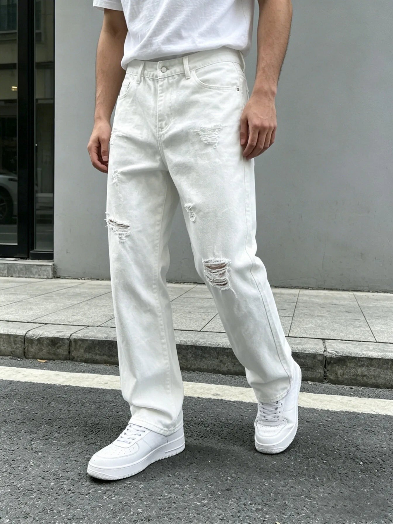 Men Denim Jeans Pants Clothing Trousers Men's White Ripped Loose Straight Leg Denim Jeans Men's White Ripped Jeans Loose Straigh