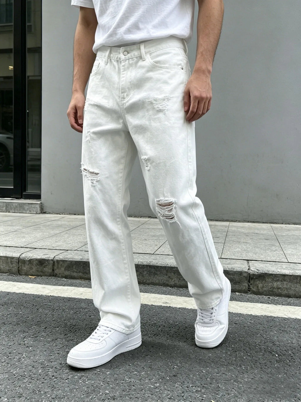 Men Denim Jeans Pants Clothing Trousers Men's White Ripped Loose Straight Leg Denim Jeans Men's White Ripped Jeans Loose Straigh