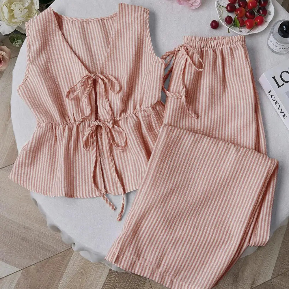 Women's Summer Striped Lace-up 2 Piece Outfits Tie Front Ruffle Lightweight Sleeveless Tank Top and Wide Leg Pants Lounge Sets