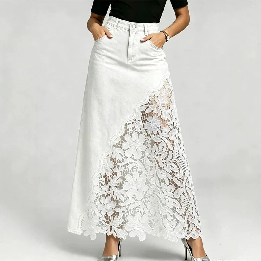 2026 Temperament Washed Denim Lace Splicing Long Hip-wrapped Skirt