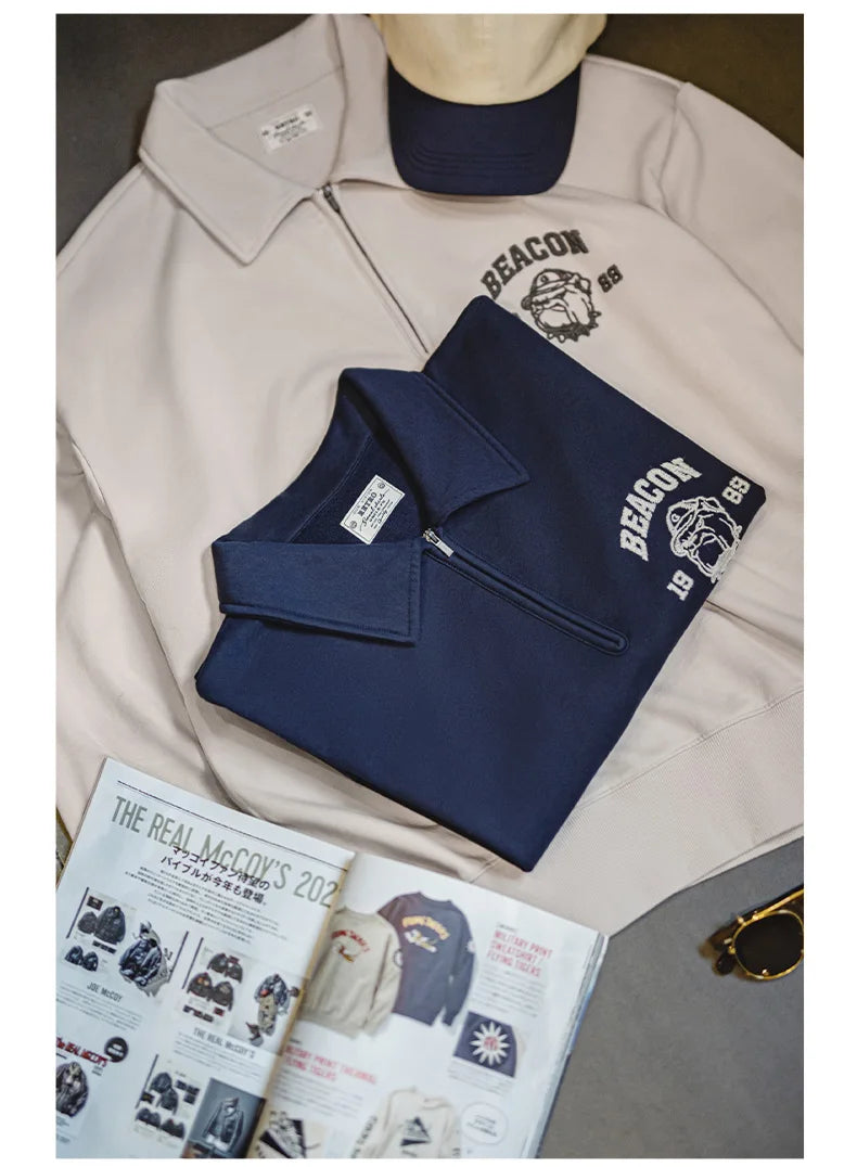 Maden Vintage Men's Long Sleeve Embroidered Sweatshirt with Letters Half-open Front Casual Hoodie Turned-up Collar for Spring