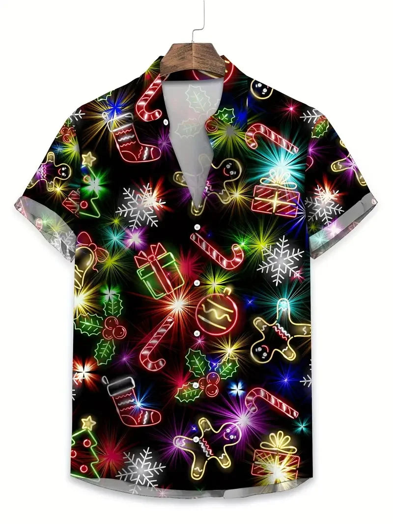 Men's Christmas Santa Beach Vacation Shirts 3D Print Casual Short Sleeve Button Up Hawaiian Shirts Blouse For Men Aloha Shirt