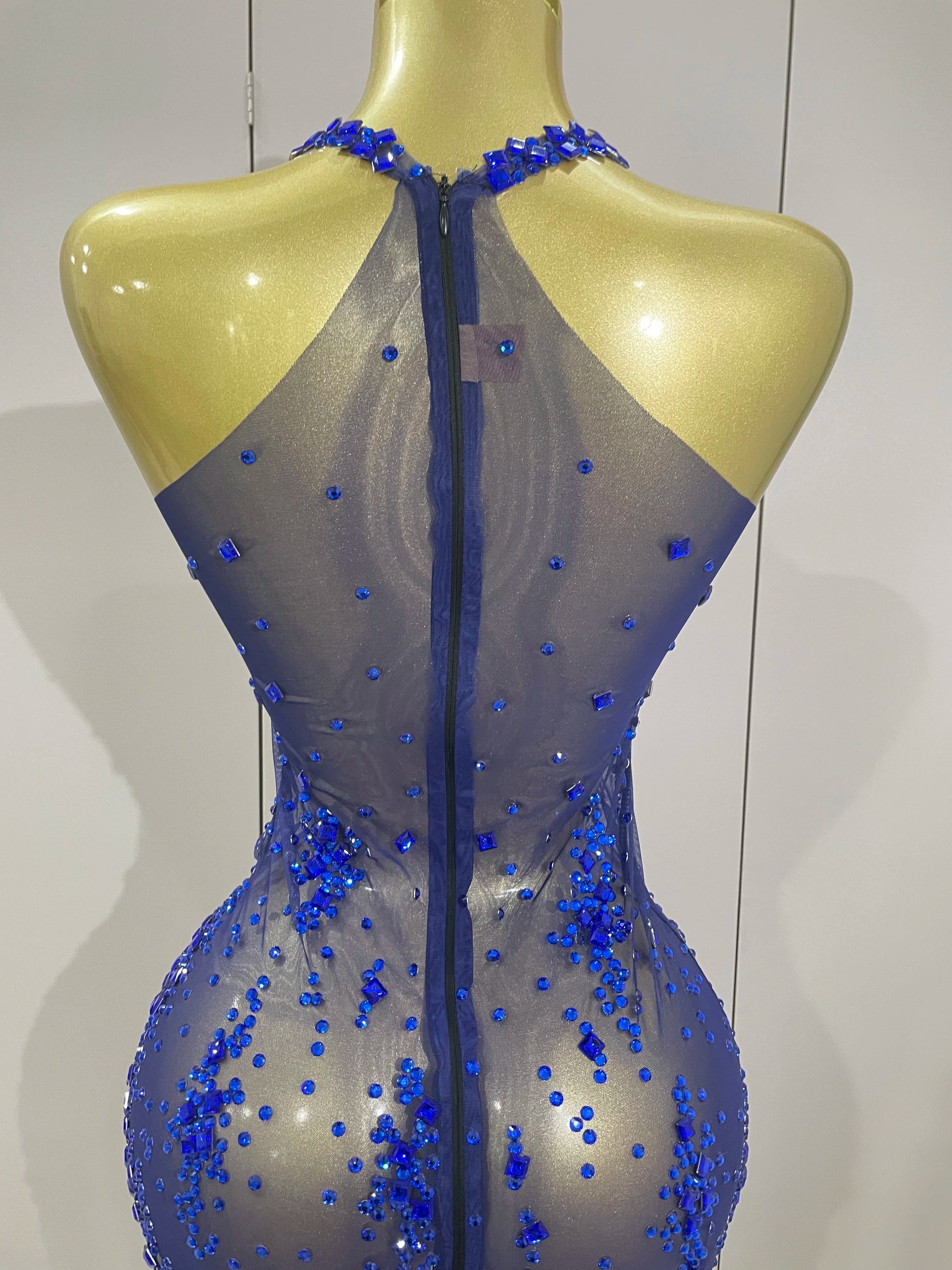 2025 New Sparkly Rhinestone V Neck Stretch Mesh Sexy See Through Dress Women Elegant Party Celebrate Perform Costume Stage Outfi