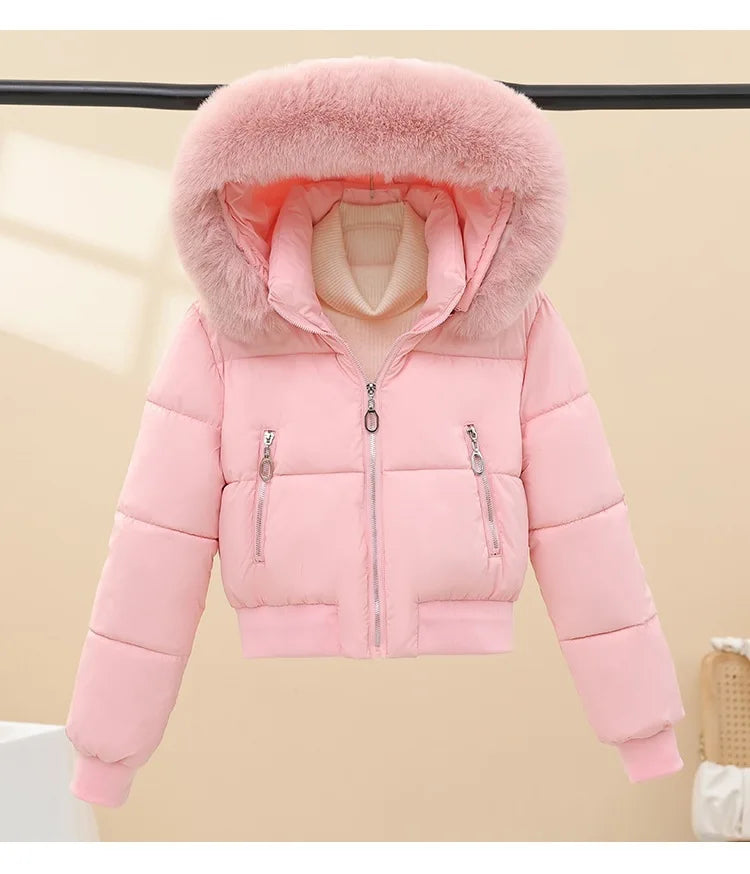 Winter Casual Versatile Cotton-Padded Jacket with Fur Collar Short Hooded Warm Coat New Style Women's Outdoor Puffer Jacket