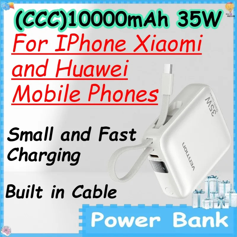 10,000mAh 35W Portable Power Bank – Built-In Cable