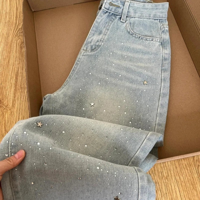 Women's Spring Summer New Slimming High Waist Shiny Star Rhinestone Denim Pants Wide Leg Trendy Jeans High Waist Button Decor
