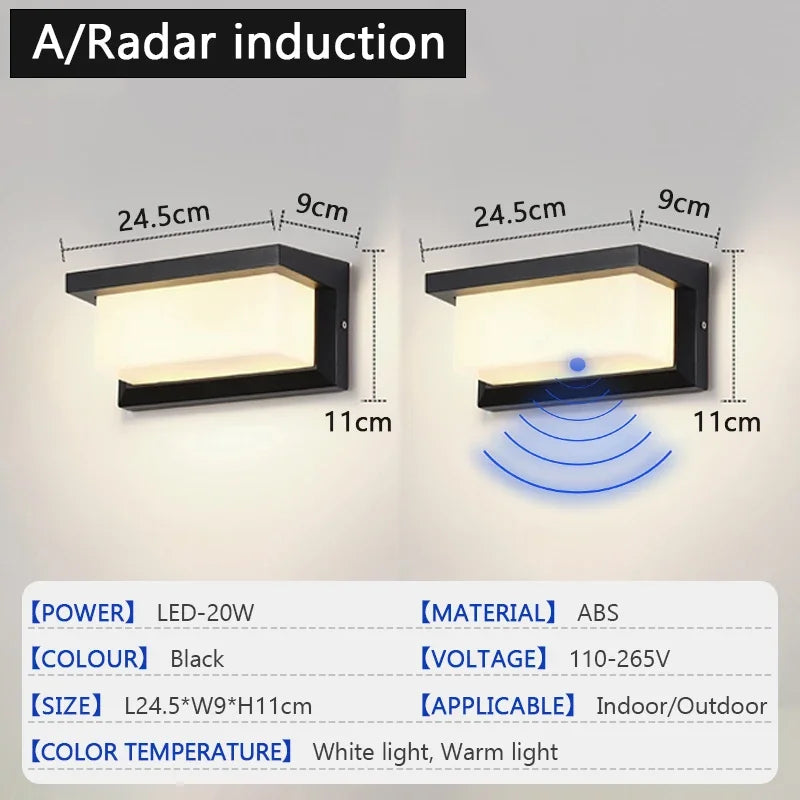 LED Outdoor Waterproof Wall Light 15W Radar Sensing Indoor Bedroom Living Room Outdoor Porch Wall Light Garden Decorative Light