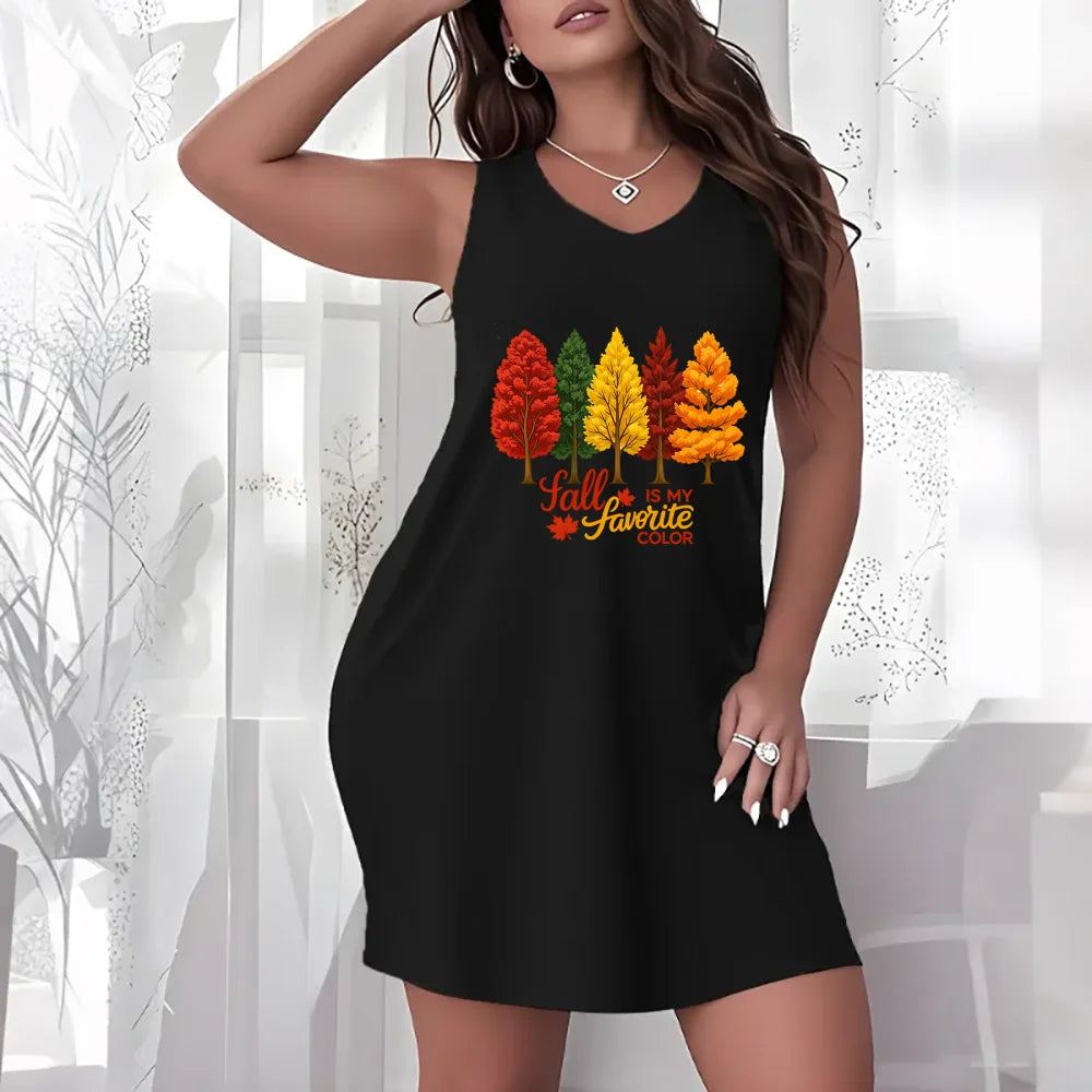 Autumn Fall Theme Women Plus Size Sleeveless Dress Maple Leaf Pumpkin Tree Heart Print Loose Casual Home Vacation Lounge Dress
