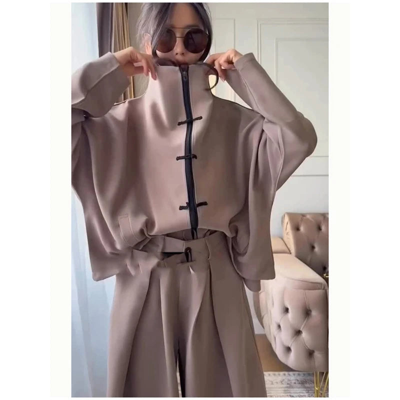 Coffee Tang Suit Two Piece Set Mandarin Collar Frog Button Top Wide Leg Cropped Pants Sets Lady Chic Retro Oriental Daily Wear