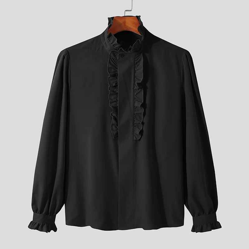 INCERUN 2024 Men Shirt Stand Collar Solid Color Ruffle Long Sleeve Casual Men Clothing Streetwear Elegant Fashion Camisas S-5XL